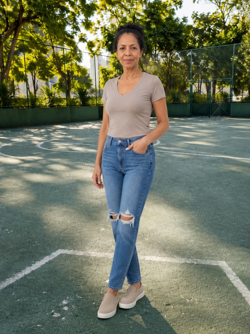 Maurices Beige V-Neck Tee with Mid-Blue Straight-Leg Jeans